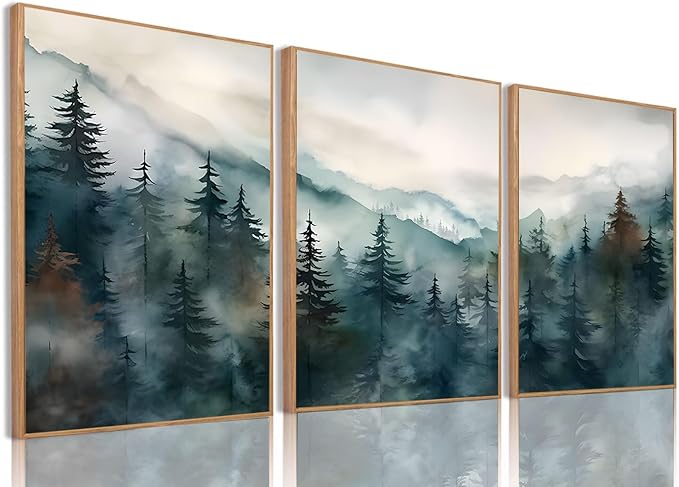 Bwodke Framed Wall Art Mountain Canvas Wall Art Set of 3 Boho Nature Landscape Picture Decor Pine Forest Prints Artwork Painting for Living Room Bedroom Office 16"x24"