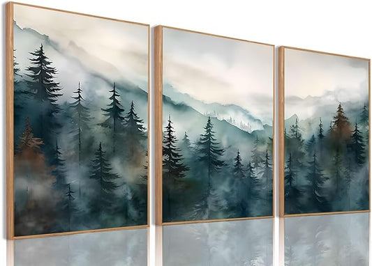 Bwodke Framed Wall Art Mountain Canvas Wall Art Set of 3 Boho Nature Landscape Picture Decor Pine Forest Prints Artwork Painting for Living Room Bedroom Office 16"x24"