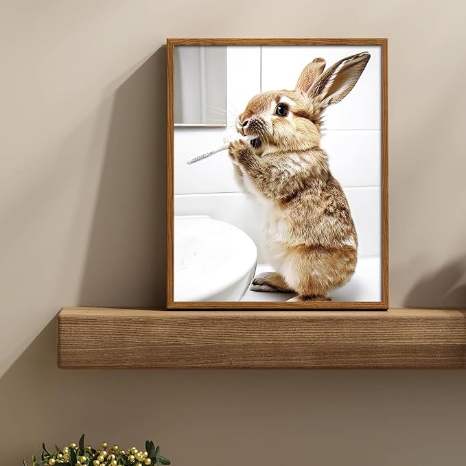 uniro Funny Bathroom Wall Art Prints, Cute Rabbit Brushing Teeth Bathroom Picture Wall Decor, Cute Bunny Animal Canvas Print Painting, Modern Bathroom Signs Wall Art Poster for Bathroom Decor( 8" x 10"-UNFRAMED)