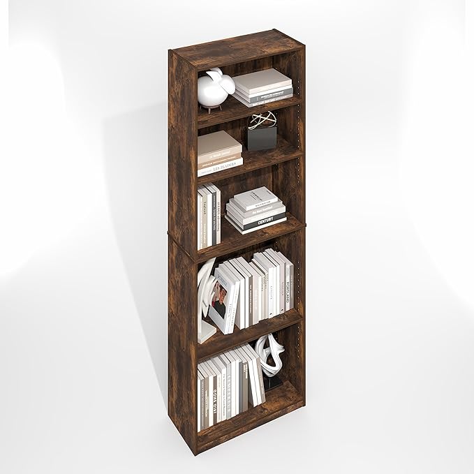 Furinno Jaya Simply Book Shelf, 5-Tier Bookshelf, Bookcase with Adjustable Shelves, 9.5 x 24.5 x 71.2, for Living Room, Bedroom, Home Office, Amber Oak