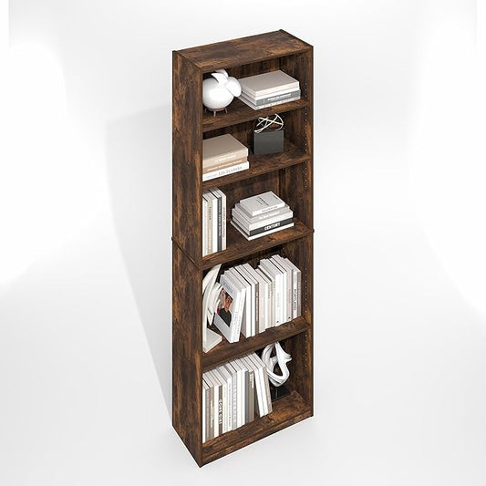 Furinno Jaya Simply Book Shelf, 5-Tier Bookshelf, Bookcase with Adjustable Shelves, 9.5 x 24.5 x 71.2, for Living Room, Bedroom, Home Office, Amber Oak
