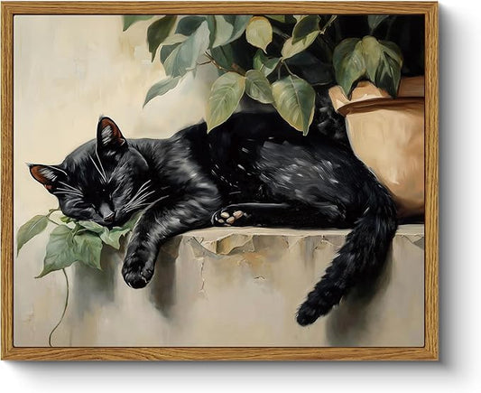 ARPEOTCY Vintage Framed Canvas Wall Art, Sleeping Black Cat Wall Decor, Cute Animal Prints Rustic Aesthetic Home Decor for Living room Bedroom Bathroom 8x10 inch