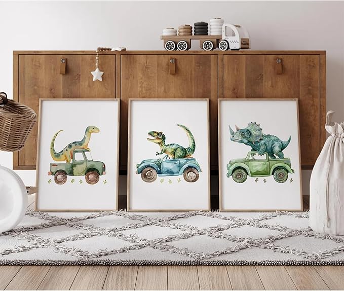Dinosaur Nursery Wall Art Kids Canvas Poster Baby Boy Nursery Wall Decor Green Dino Pictures Toddler Prints Cartoon Dino Car Painting Boys Room Artwork for Bedroom Bathroom 12x16x3 Inch Unframed