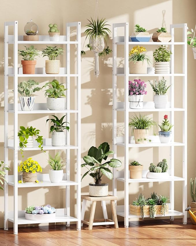 Furologee 6-Tier Bookshelf Set of 2,Tall Bookcase with 2 Drawers and Shelves, Industrial Display Free Standing Shelf Units, Storage Rack Organizer for Bedroom, Living Room, Home Office, White