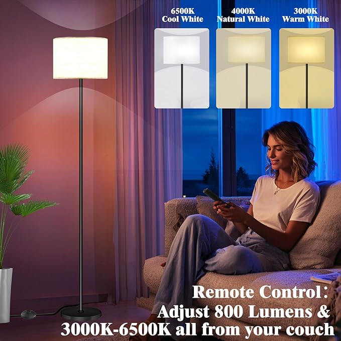 Smart LED Floor Lamp with APP Control & RGB Colors - Dimmable Standing Lamp for Living Room, Bedroom, Gaming - Remote, Timer, 9W Bulb Included, 60.6" Modern Tall Lamp (White)