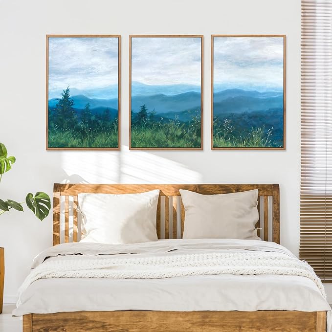 CHDITB Boho Blue Mountain Framed Wall Art Paintings(16"x24"), 3 Panels Blue White Sky Ridge Virginia Landscape Watercolor Canvas Artwork Printings, Large Modern Cloud Trees Nature Posters for Bedroom Living Room