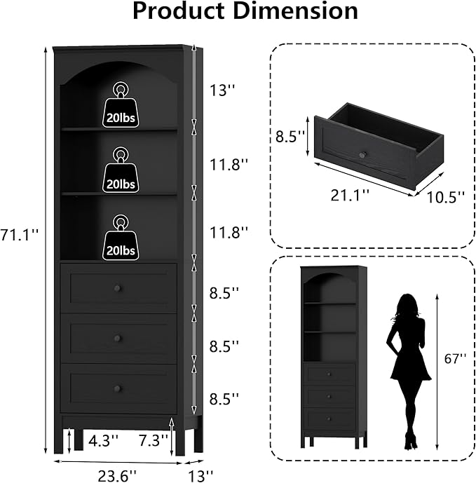 71" H Tall Bookshelf with Drawers, Farmhouse Book Shelf with 3-Tier Open Shelves, Wooden Bookcase with Storage Drawers, Freestanding Bookshelves for Bedroom, Living Room, Black
