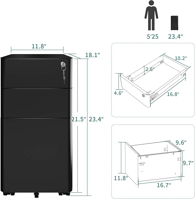 YITAHOME 3-Drawer Metal Filing Cabinet Office Drawers with Keys, Compact Slim Portable File Cabinet, Pre-Built Office Storage Solution for A4/Letter/Legal, Black