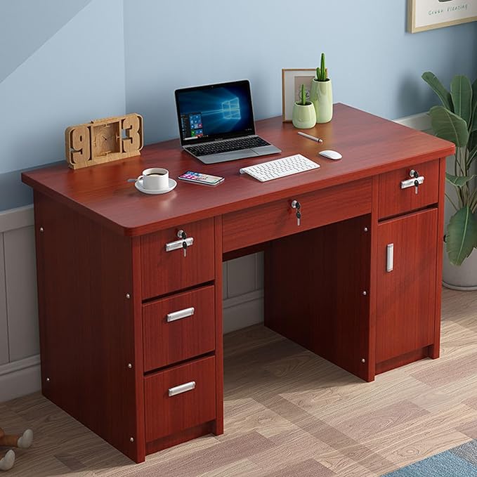 Office Computer Desk 29.5" H with Drawers, Wood Computer Desk Vanity Desk, Wood with Drawers, Workstation Desk for Bedroom Living Room (Red Brown,47" L x 20" W x 30" H)