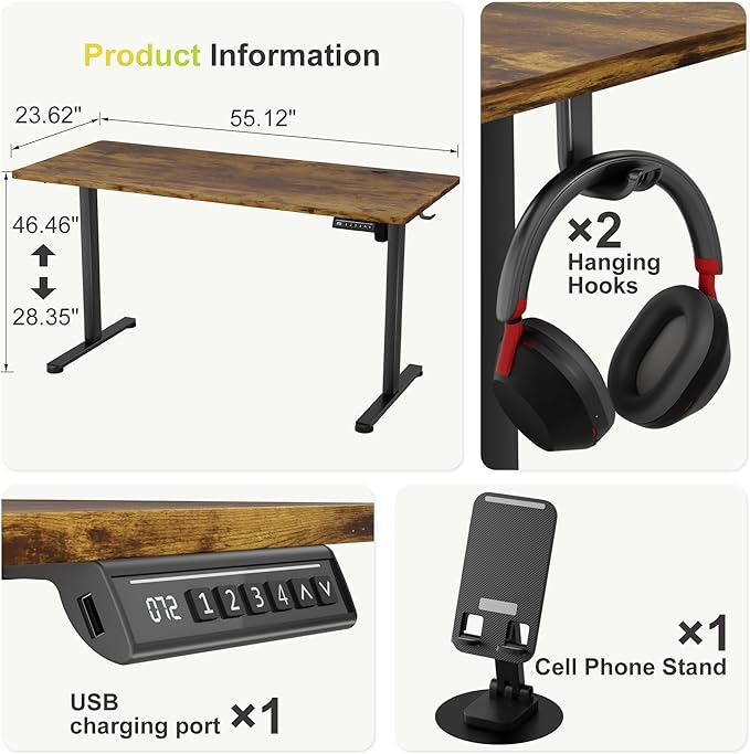 Furmax Electric Standing Desk, 55 x 24 Inches Sit Stand up Desk, Sit Stand Height Adjustable Home Office Desk with 4 Height Position Memory - with Splice Board (Rustic Brown, 55)