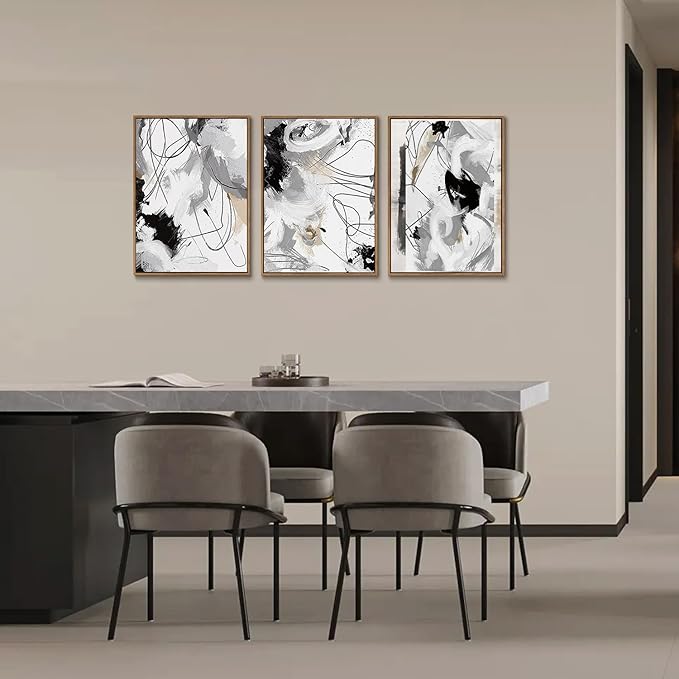 myusuar 3 Piece Large Modern Abstract Canvas Framed Wall Art For Living Room, Black And White Lines Minimalist Wall Art Decor Posters Prints For Bedroom Office, 12x16in