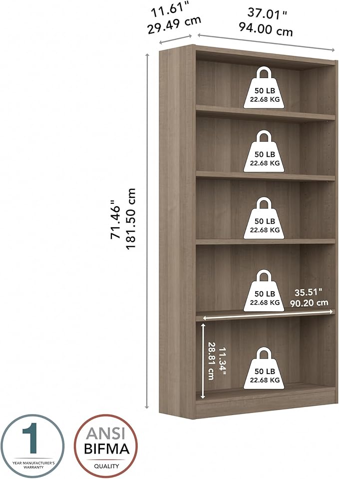 Bush Home Universal Tall 5 Shelf Bookcase in Ash Gray, Vertical Storage and Display Bookshelf for Home Office or Living Room Organization