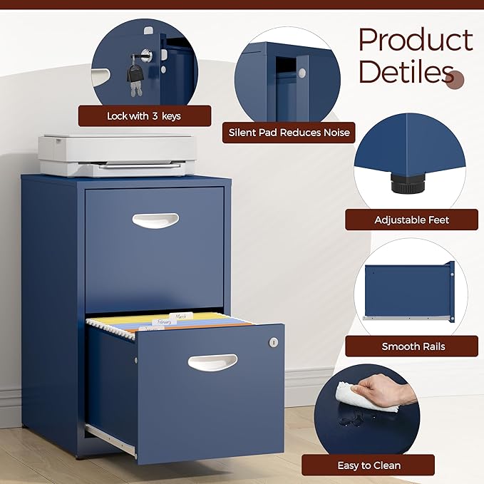 2 Drawer File Cabinet with Lock,Blue Metal Filing Cabinets,Vertical Locking File Cabinet Fit Hanging Files, Letter,File Box and A4 Documents