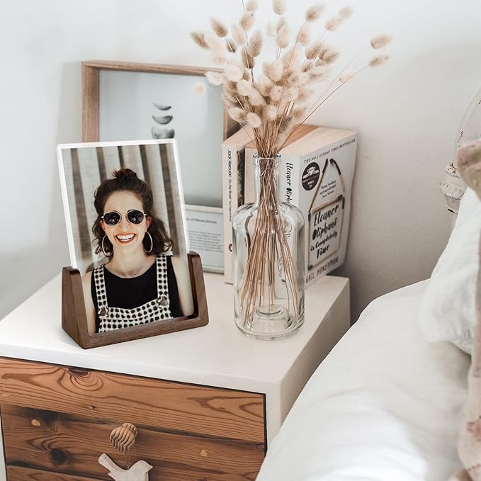 Mixoo 6x8 Picture Frame 2 Pack - Rustic Wooden Photo Frames with Walnut Wood Base and High Definition Break Free Acrylic Glass Covers for Desk or Tabletop Display (6×8 inch, Vertical + Vertical)