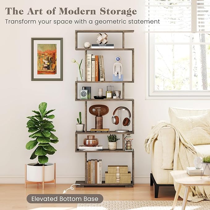 Giantex 6-Tier Geometric Bookshelves Set of 2, S-Shaped Bookcase with 2 Anti-Tipping Kits, Wooden Display Shelf, Decorative Storage Shelving Unit, Home Storage Organizer for Office Living Room
