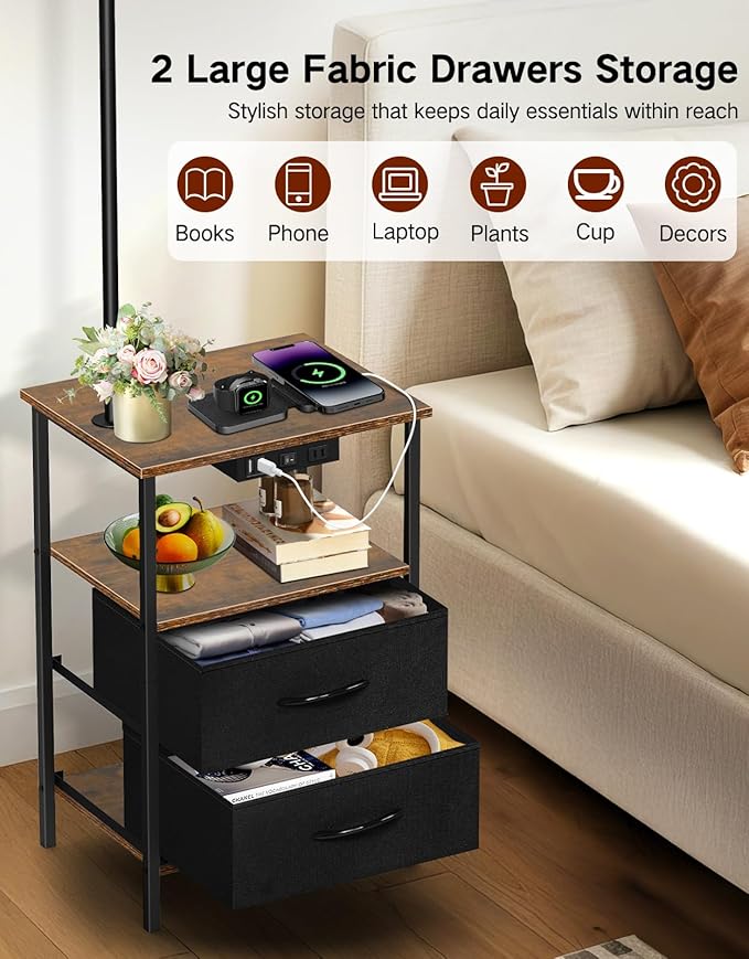 Floor Lamp with Table, 2 Drawers & Remote, Side End Table with Charging Station, Dimmable Nightstand with 3 Color Temperature, 1-Hour Timer, 12W LED Bulb, for Living Room, Bedroom