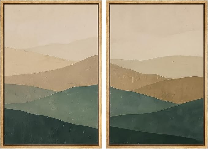 SIGNWIN Framed Canvas Print Wall Art Set Green and Beige Abstract Mountain Landscape Illustrations Modern Art Minimal Boho Relax/Calm for Living Room, Bedroom, Office - 24"x36"x2 Natural
