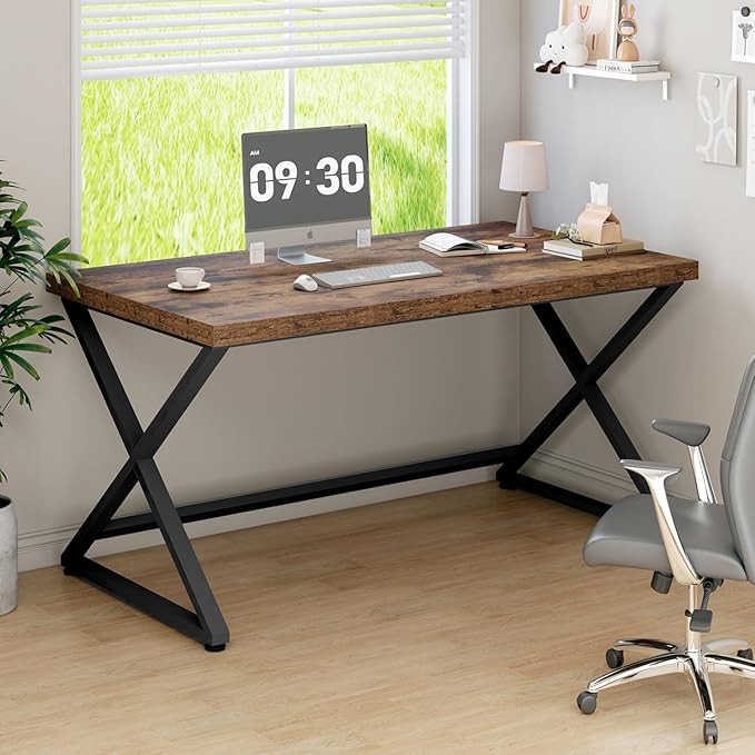 IBF Rustic Computer Desk, Industrial 47” Home Office Desk, Farmhouse Wood Metal Work Desk for Writing Study, Vintage Minimalist Executive Workstation PC Gaming Table in Bedroom, Rustic Brown