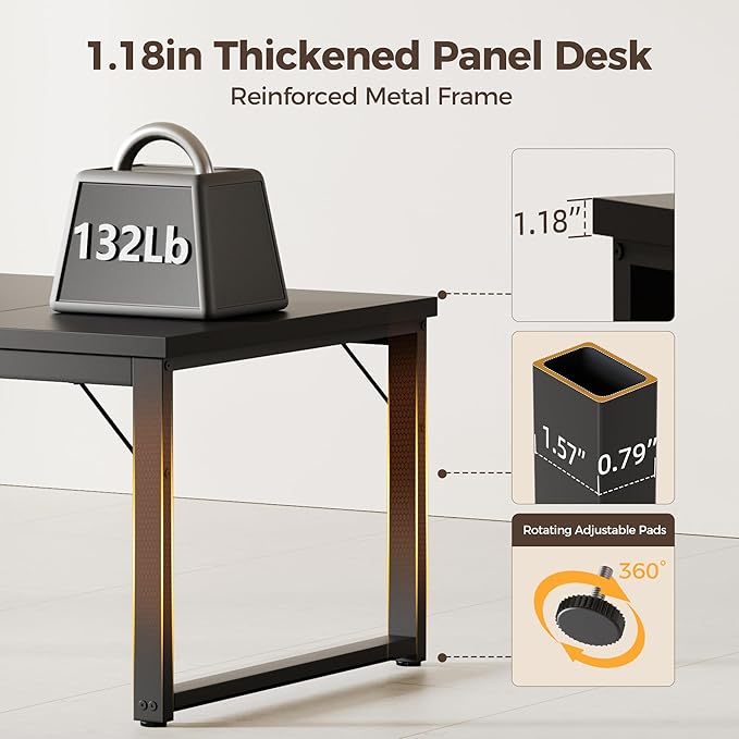 Mericonia 63 Inch Large Computer Desk with Power Outlets, 1.2" Thick Heavy Duty Industrial Office Desk, Modern Simple Study Writing Table for Home Office Bedroom Workstation, Black
