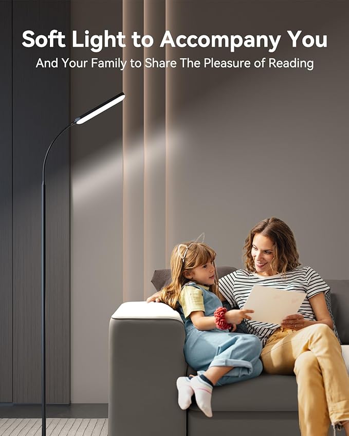 Floor Lamp - Bright 15W LED Floor Lamp with Remote & Touch Control - Stepless Dimming & Color Temperature Adjustable, Eye-Caring Standing Lamp with 1H Timer, Gooseneck Design for Living Room, Bedroom