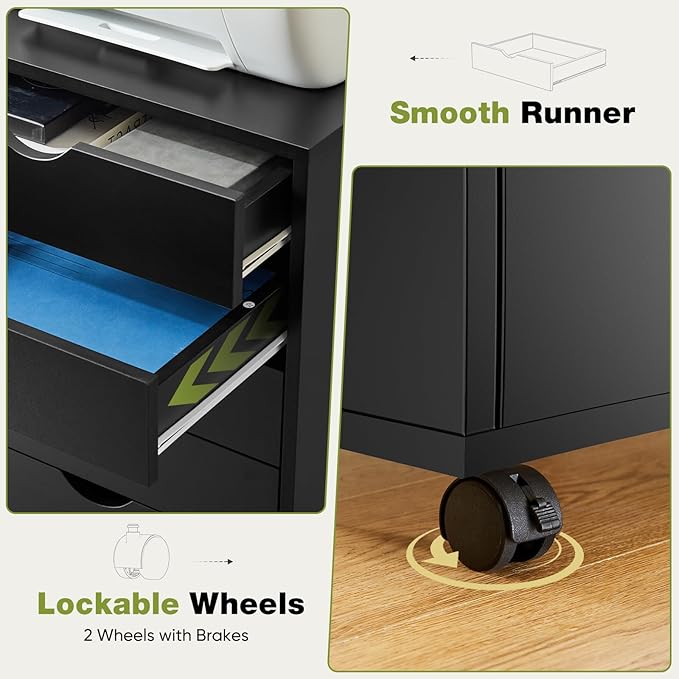 NEWBULIG 5 Drawers File Cabinet Under Desk Storage with Wheels Small Rolling Office Filing Cabinets Chest of Dawers for Home Office Black