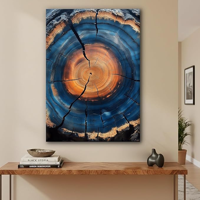 IBHJSART Framed Tree Ring Canvas Wall Art Blue Wall Art Wood Stump Painting Prints Modern Minimalist Pictures Neutral Nature Rustic Farmhouse Decor Living Room Bedroom Bathroom Office
