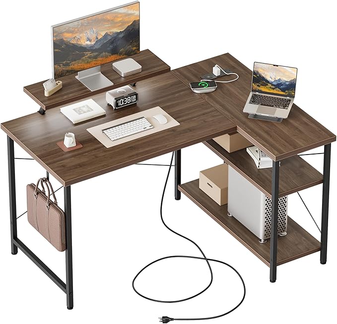 Mericonia Small L Shaped Computer Desk with Power Outlets, Reversible Gaming Desk with Storage Shelves & Monitor Stand, Corner Gamer Desk Table, Study Writing Table