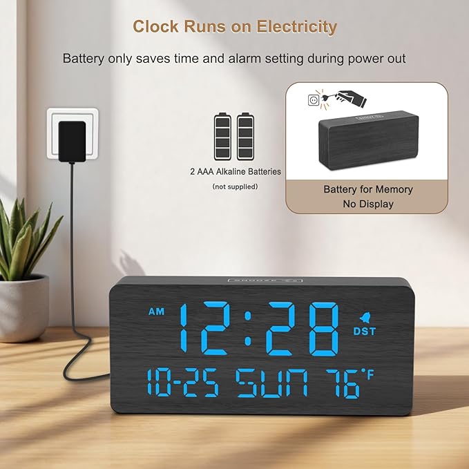 DreamSky Wooden Digital Alarm Clocks for Bedrooms - Living Room Desk Clock with Date and Day of Week, Temperature, USB Port, Dimmer Wheel, Adjustable Volume, Auto DST, Wood Decor for Office Table