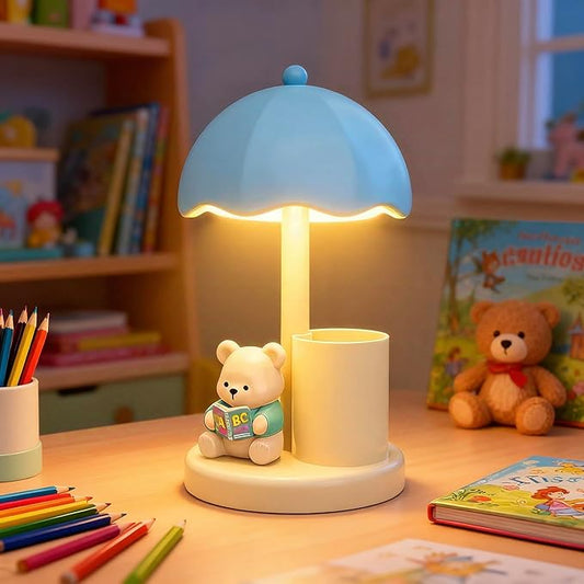 Cute Bear Desk Lamp with Pen Holder, 2-in-1 Kids Table Lamp Organizer, LED Bedside Lamp with USB Charging Port for Bedroom Study Room, 500 mAh, Rechargeable Lighting Decor for Boys Girls