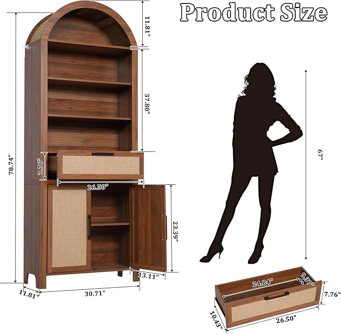 79" Tall Arched Bookcase with Storage, Mid Century Modern 6-Tier Cabinet with Door and Drawer, Arched Bookshelf with Open Display Shelf for Office Living Room(Walnut, 79inch-Doors)