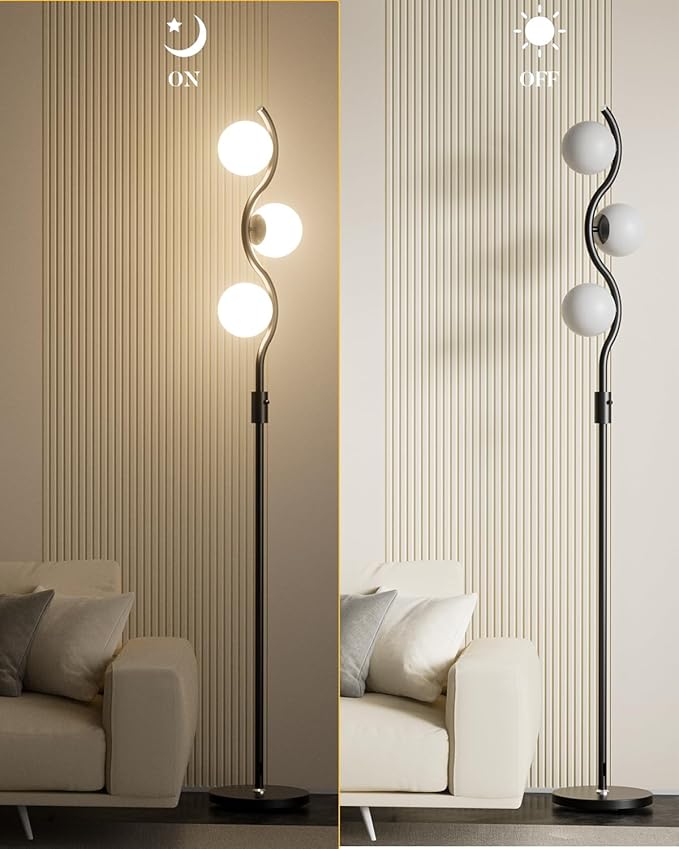 Lightdot 60IN 3-Globe Dimmable Black Floor Lamp Mid Century Standing Lamps with 3Pcs 3000K Warm White Bulbs Included Brightness Adjustable Modern Tall Lamp for Bedroom/Sofa Beside/Corner Decor