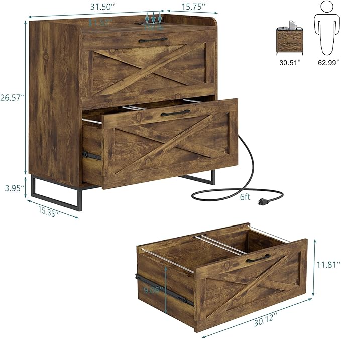2 Drawer Lateral File Cabinet, Filing Cabinet with Charging Station for Letter/Legal/A4 Size Hanging Files, Modern Farmhouse File Storage Cabinet for Home Office, Printer Stand with Storage, Brown