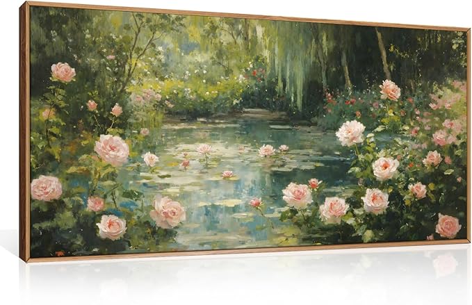 Aryroi Water Lilies Monet Framed Canvas Wall Art Set,Garden Pond Impressionist Floral Wall Decor,Vintage Oil Green Vibrant Flower Botanical Artwork for Living Room, Bedroom,Farmhouse-40 x20 x1