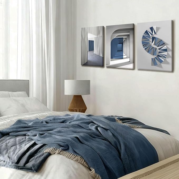 NCCXNCC 3-Pcs Abstract Blue Canvas Wall Art Neutral Minimalist Paintings Gray Geometric Posters Print Modern Architecture Image Artwork Living Room Bedroom or Office Wall Decoration 12x16 inch
