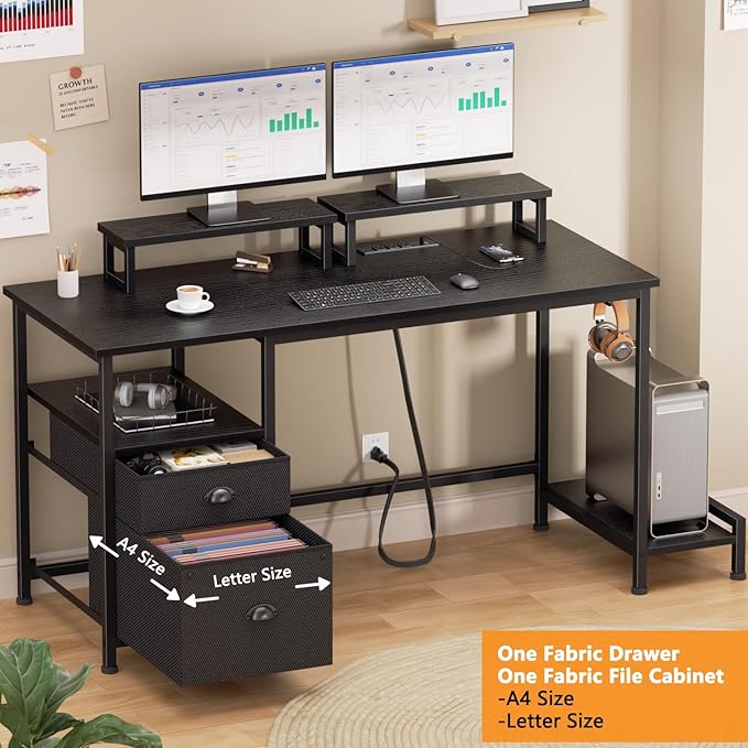 Furologee 47" Computer Desk with File Cabinet and Power Outlets, Home Office Desk with 2 Monitor Stands and Storage Drawer, Gaming Table with Shelves and 2 Hooks for Bedroom, Black