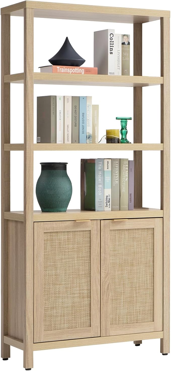SICOTAS Bookshelf 5 Tier Book Shelf Rattan Boho 71" Tall Bookcase with Doors Storage Shelves Large Bookshelves Farmhouse Bookcases Library Book Case for Living Room Bedroom Home Office Kitchen