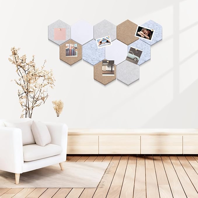 16 Pcs Hexagon Cork Board for Walls with 50 Wooden Push Pins 6.7 x 5.9 in Felt DIY Tiles Notice with Nano Tape Hanging Bulletin Board for Home Photo Office Memo Note(Light Camel)