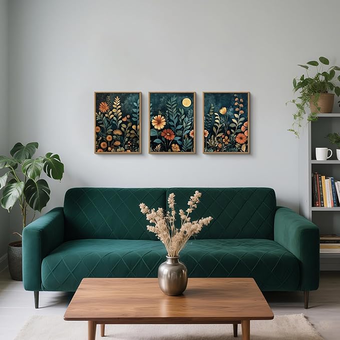 Vintage Botanical Framed Canvas Wall Art Set, Dark Floral Wall Decor, Nature Wildflower Wall Painting, Colorful Blossom Art Prints for Living Room, Bedroom, Office - 12"X16"X3