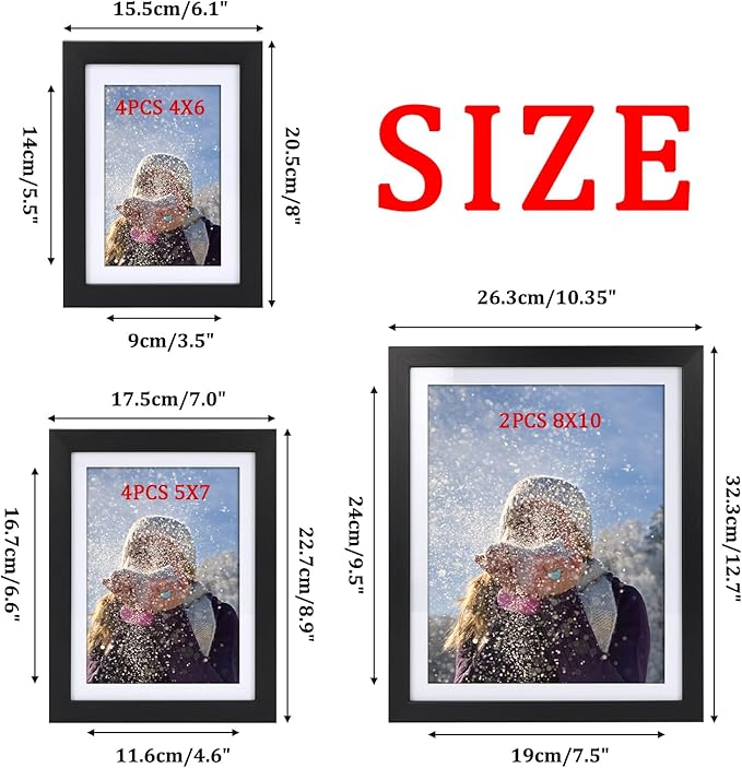 Giftgarden Multi Black Picture Frames with Mat for Multiple Sizes Photos, Four 4x6, Four 5x7, Two 8x10 for Gallery Photo Frame Collage Wall or Tabletop Display, Assortment Pack of 10