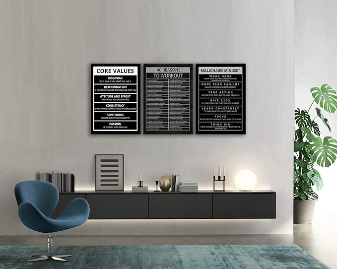 Inspirational Millionaire Mindset Poster 40 Reasons to Workout Motivational Wall Art 3 Pieces Canvas Prints Artwork for Living Room Modern Home Decor Painting Pictures Framed[60" W X 28" H]