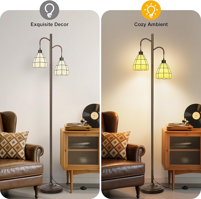 Floor Lamp with Dual Stained Glass Shades, Vintage Style Mid Century Tall Standing Lamp, Modern Farmhouse Decorative Corner Rustic Tree Light for Living Room Bedroom Home Office(E26 Base)