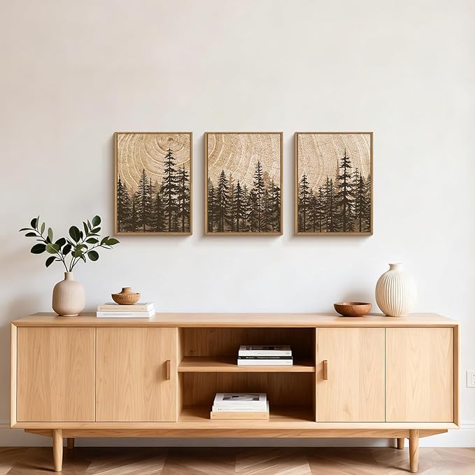 Modern Pine Tree Framed Canvas Wall Art,Natural Woodland Wall Decor,Vintage Brown Rings Painting,Neutral Forest Landscape Artwork for Living Room,Bedroom,Kitchen,Study,Office - 12"x16"x3