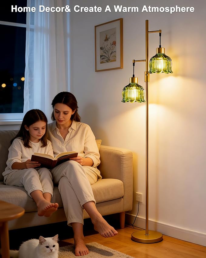 Lightdot 2- Light Gold Flower Floor Lamp, 65IN Green Glass Floor Lamps with 3000K Warm White Bulbs, Modern Standing Tall Lamp for Living Room Bedroom Home Office Corner Sofa Beside