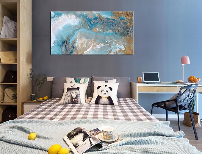 Blue Abstract Canvas Wall Art for Living Room, Navy and Gold Fluid Marble Picture Prints, Modern Painting Artwork for Bedroom, Bathroom, Office, Home Decor 20x40 Inch