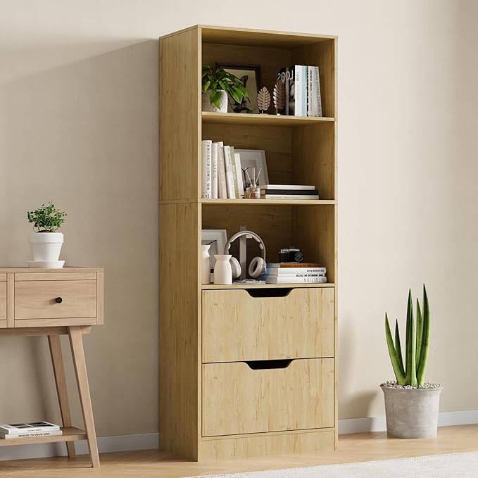Bookcase with 2 Drawers, 3-Tier Bookshelf with Storage, 3 Shelf Bookshelf with Adjustable Shelf, Modern Bookshelf, Open Shelves for Study, Bedroom & Home Office, Natural