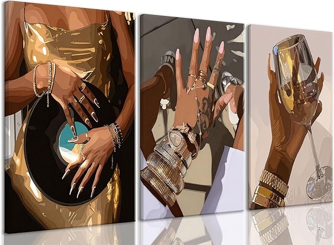 TUEASKY 3 Piece Canvas Wall Art Black Girl Wall Decor Music Record Pictures Paintings Gold Fashion African American Prints Y2K Artwork for Living Room Pop Bar Party