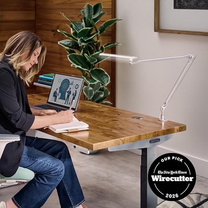 UPLIFTDESK E7 LED Desk Lamp - Adjustable 3 Color Modes, Dimmable Home Office Desk Light for Standing Desk, Dual Monitors, Aluminum Task Lamp (Black Base)