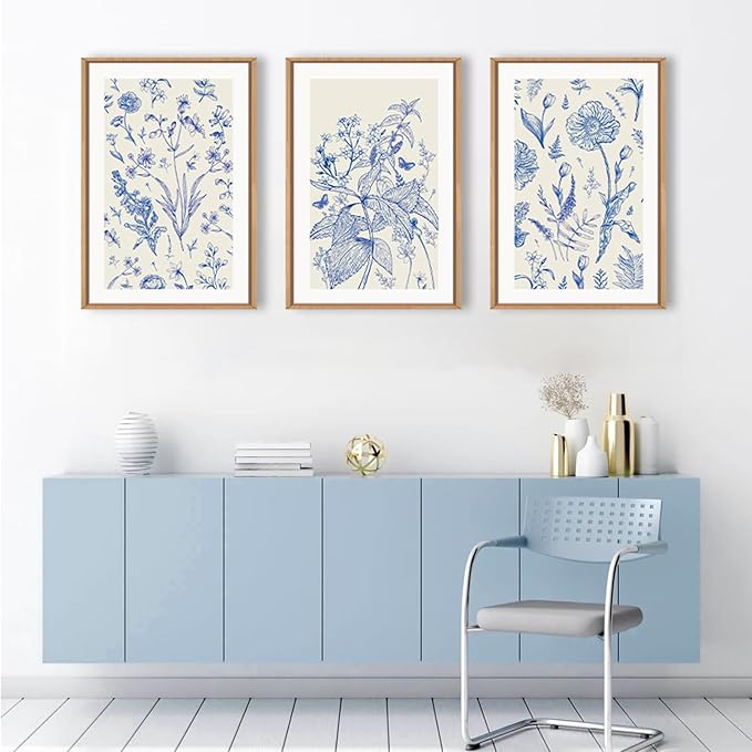 KAIRNE Blue and White Floral Wall Art Set of 3, Chinoiserie Framed Canvas Art Prints, Navy Watercolor Botanical Flower Painting, Wildflower Decor for Living Room, Bedroom, Bathroom, Home - 16x24 Inch