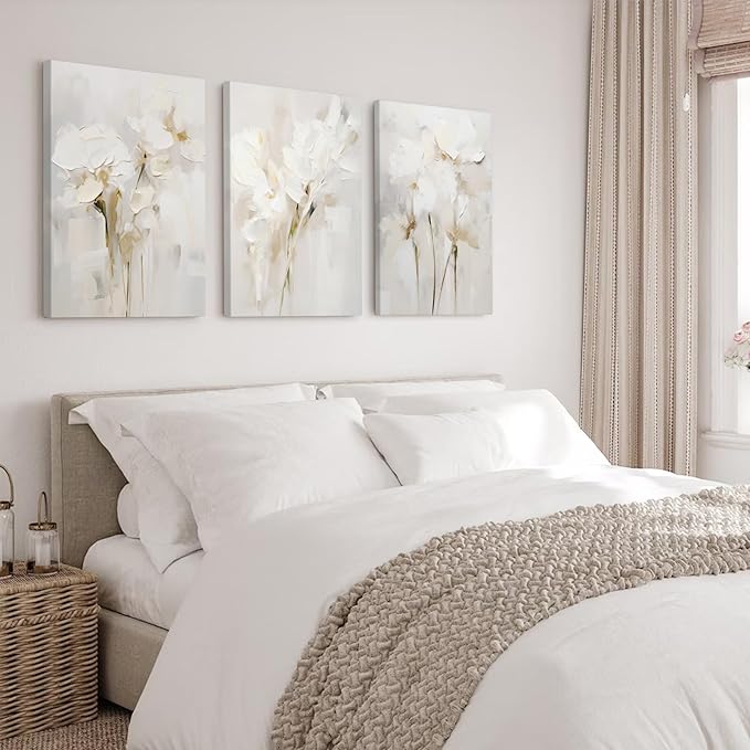 Neutral Wall Art Abstract Floral Canvas Pictures Beige Flower Wall Decor Modern Painting Minimalist Poster Abstract Botanical Prints White Artwork for Bedroom Living Room 12x16x3 Inch Ready to Hang