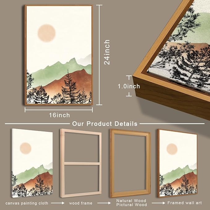 BINCUE Boho Mountain Wall Art Framed Mountain Wall Decor Sun Forest Artwork for Living Room Bedroom Office 16x24 Inches Set of 3